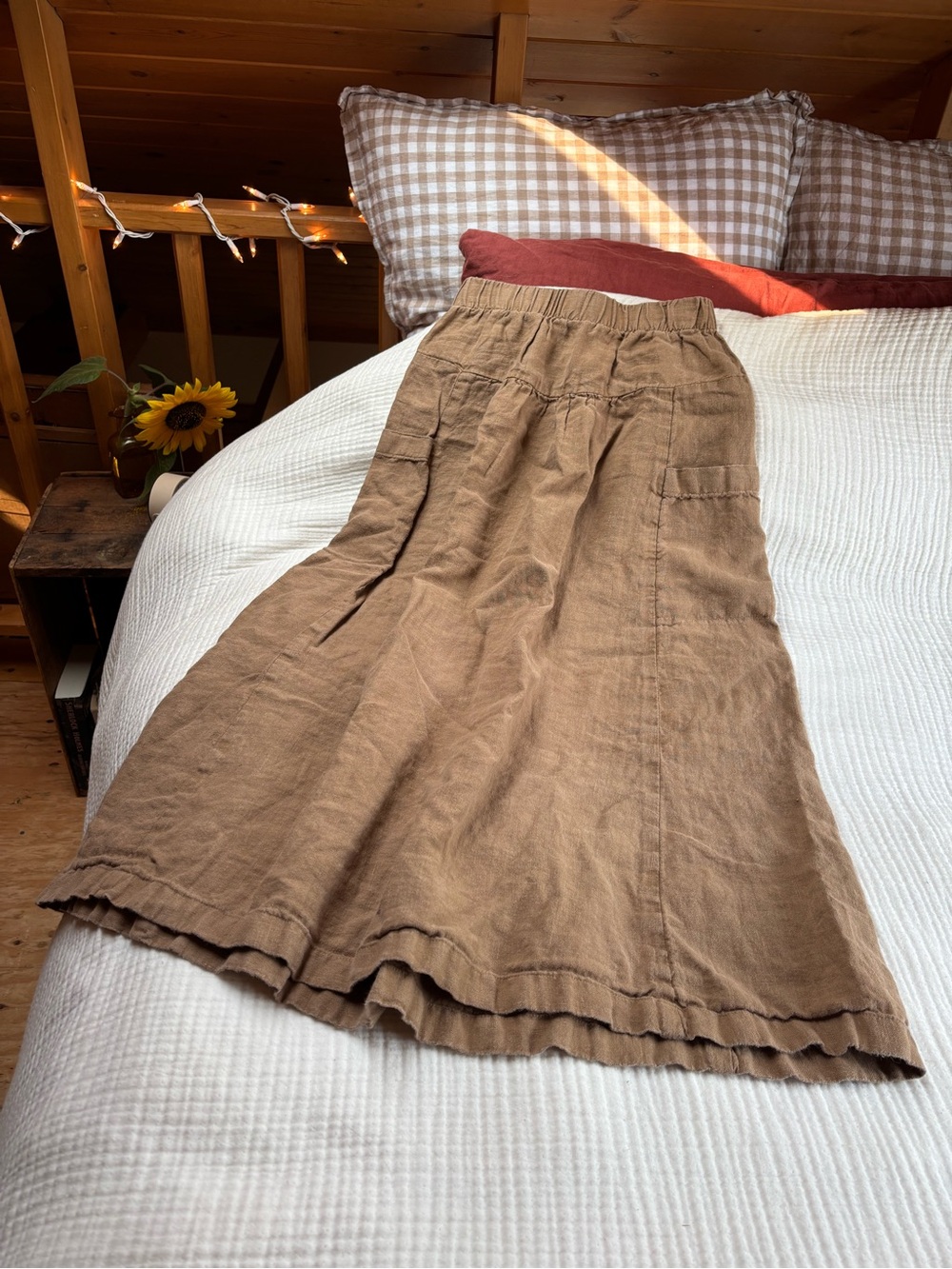 Conscious Clothing 100% Linen Mustard Brown Linen Maxi Skirt with Elastic Waist